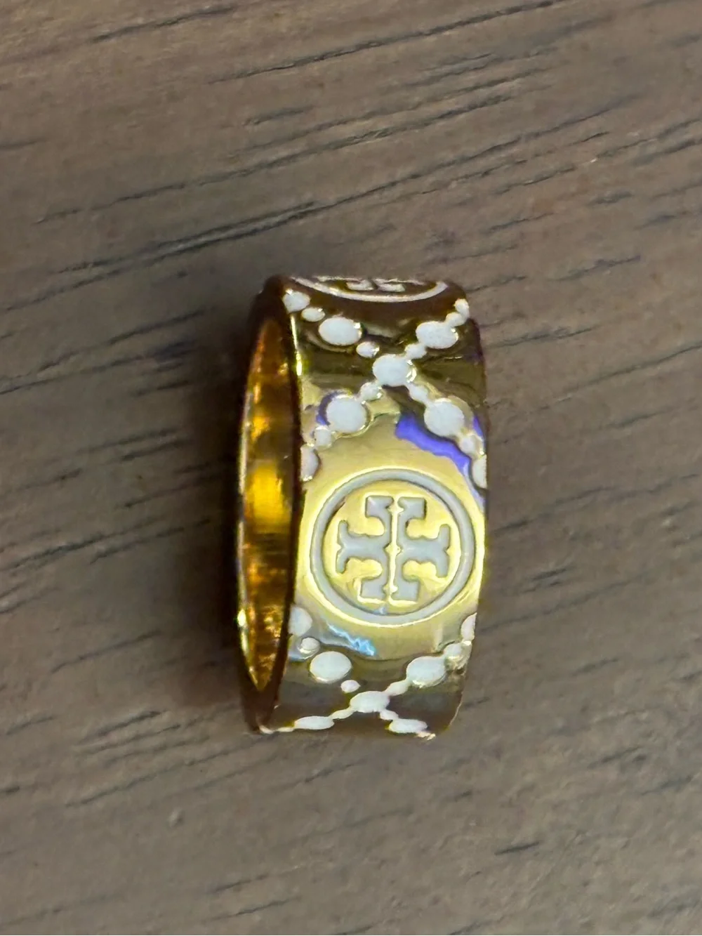 Tory Burch Gold plated Ring with White Enamel Logo Accents